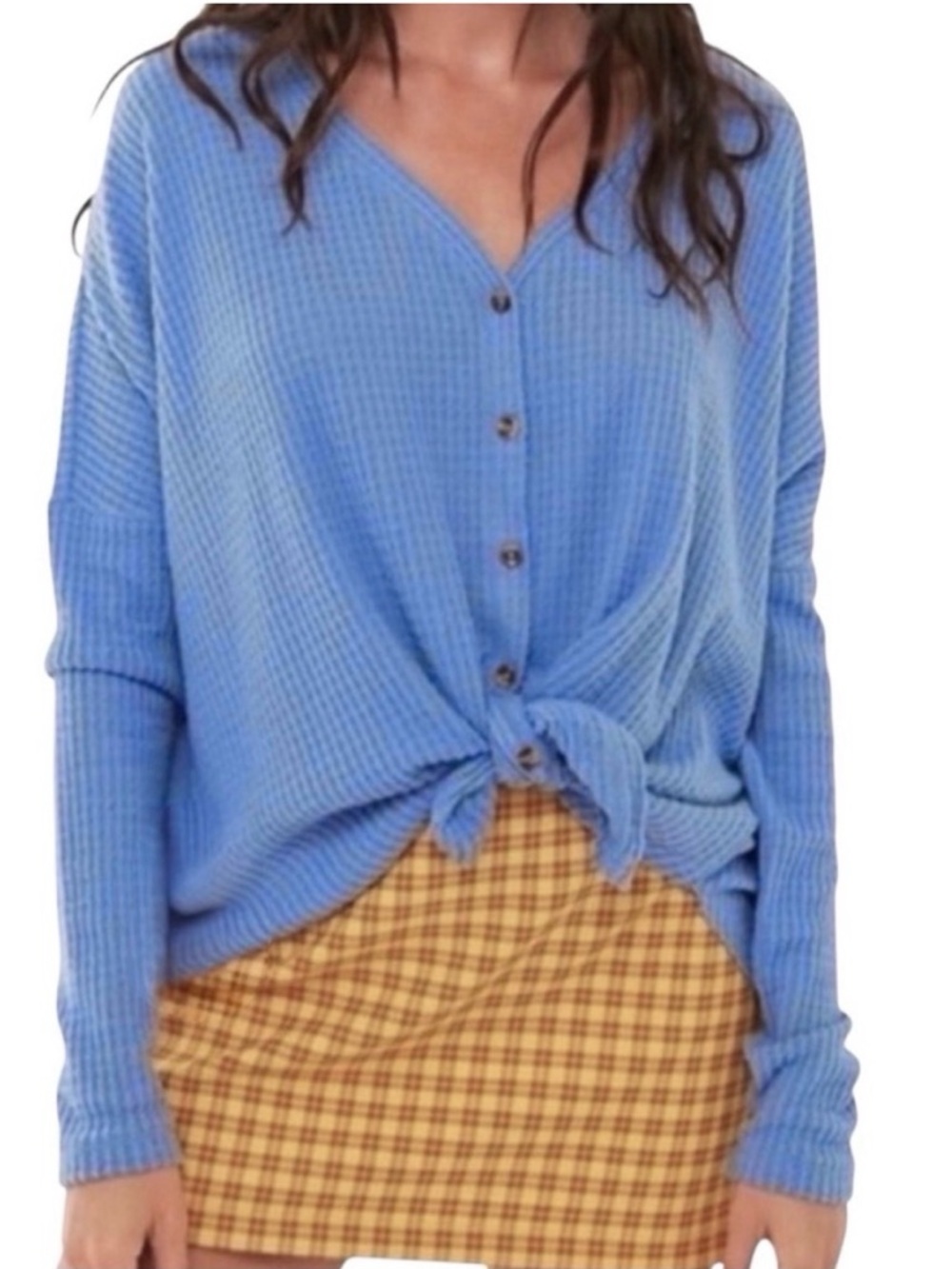Out From Under Urban Outfitters Jojo Blue Oversized Thermal Buttoned Top Large